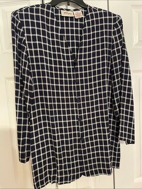 Worthington Tunic Length Navy and White Grid-Check Button-Front Casual Jacket